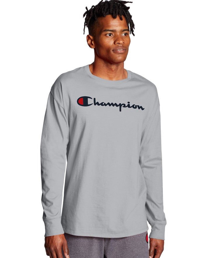 Champion Classic Long-Sleeve Script Logo T-Shirt Heren - Grijs - Belgie 8412KEWMB